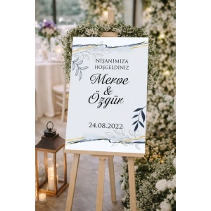 Gri Detaylı ve Çiçekli Düğün, Nişan ve Söz Karşılama Panosu – 50x70 cm