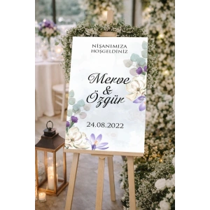 Mor Yeşil Çiçekli Düğün, Nişan ve Söz Karşılama Panosu – 50x70 cm