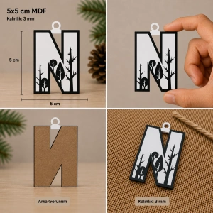 N Harf Yılbaşı Süsü – MDF Çam Ağacı Desenli Asılabilir Dekor (5x5 cm)