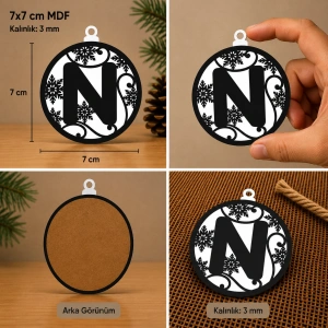 N Harf Yılbaşı Süsü – MDF Çam Ağacı Desenli Asılabilir Dekor (7x7 cm)