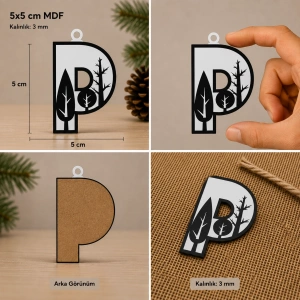 P Harf Yılbaşı Süsü – MDF Çam Ağacı Desenli Asılabilir Dekor (5x5 cm)