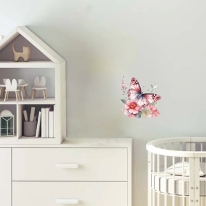 Parlak Pembe Kelebek ve Çiçekler Duvar Stickerı