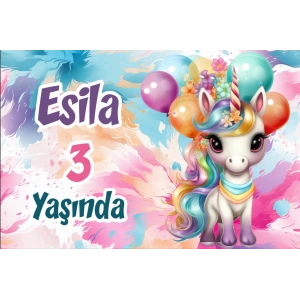 Balonlar ve Unicorn Temalı Doğum Günü Afişi 70X100 cm
