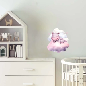 Pembe Bulut Üzerinde Gülümseyen Sevimli Su Aygırı Duvar Çıkartması