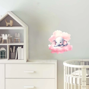 Pembe Bulut Üzerinde Yatan Sevimli Fil Duvar Çıkartması