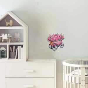 Pembe Çiçekli Ahşap Görünümlü El Arabası Duvar Stickerı
