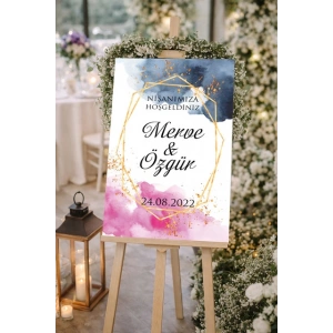 Pembe ve Siyah Gold Çerçeveli Düğün, Nişan ve Söz Karşılama Panosu – 50x70 cm