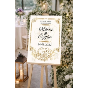 Krem Gold Desenli Düğün, Nişan ve Söz Karşılama Panosu – 50x70 cm