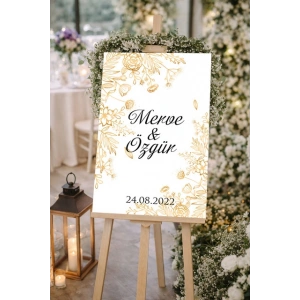 Gold Çiçekli gold Detaylı Düğün, Nişan ve Söz Karşılama Panosu – 50x70 cm