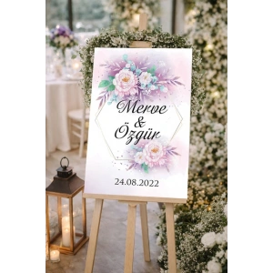 Pembe Çiçekli Düğün, Nişan ve Söz Karşılama Panosu – 50x70 cm