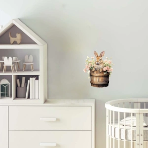 Pembe Çiçekli Kovada Tavşan Duvar Stickerı