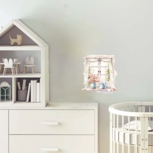 Pembe Çiçekli Vazolar ve Perde Detaylı Pencere Duvar Stickerı