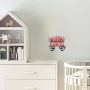 Pembe Çiçekli ve Mavi Tekerlekli El Arabası Duvar Stickerı