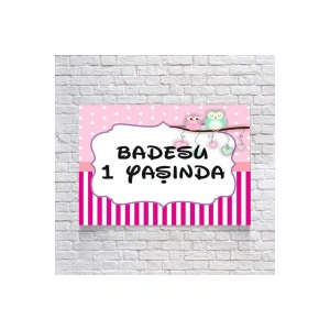 Pembe Çizgili Baykuşlu Doğum Günü Afişi 50X70 cm