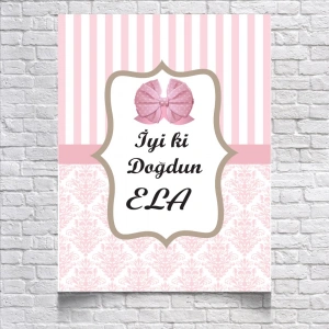 Pembe Çizğili Damask Desenli Doğum Günü Afişi 50X70 cm