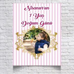 Pembe Çizgili Doğum Günü Afişi 70X100 cm