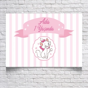 Pembe Çizgili Kedili Doğum Günü Afişi 70X100 cm