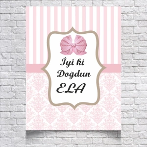 Pembe Çizgili ve Damask Desenli Doğum Günü Afişi 70X100 cm
