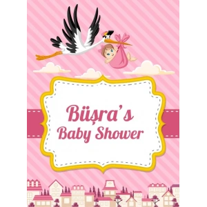 Pembe Çzigli Leylek Temalı Baby Shower Afişi 50x70 Cm