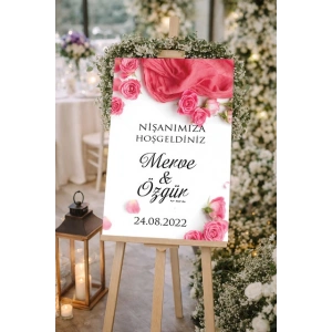 Pembe Güllü Düğün, Nişan ve Söz Karşılama Panosu – 50x70 cm