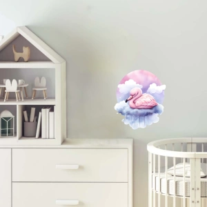 Pembe Gökyüzü ve Bulutlar Üzerinde Uzanmış Pembe Flamingo Duvar Çıkartması