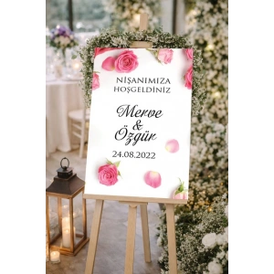 Pembe Güllü Düğün, Nişan ve Söz Karşılama Panosu – 50x70 cm