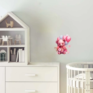 Pembe Güllü ve Balonlu Kız Ayıcık Duvar Stickerı