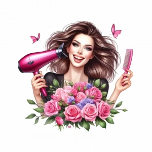 Pembe Güllü ve Kelebekli Kuaför Kız Duvar Stickerı