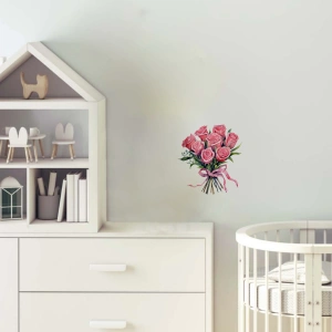 Pembe Kurdeleli Gül Buketi Duvar Stickerı