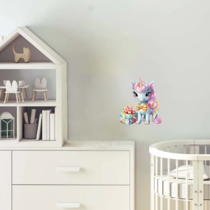 Pembe Kurdeleli Hediyeli ve Mavi Yeleli Tek Boynuzlu At Duvar Stickerı