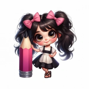 Pembe Kurdeleli Kız ve Pembe Kalem Duvar Stickerı