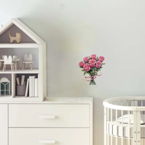 Pembe Kurdeleli Pembe Gül Buketi Duvar Stickerı