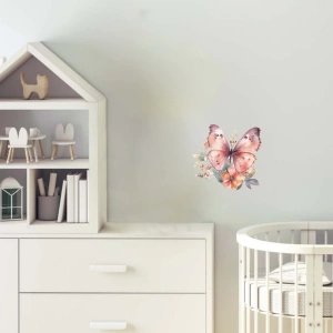 Pembe Tonlu Kelebek ve Çiçekler Duvar Stickerı