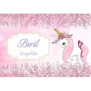 Pembe Unicorn Temalı Baby Shower Afişi 50x70 Cm