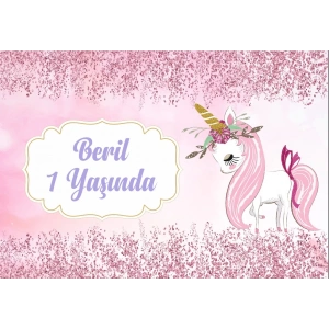 Pembe Unicorn Temalı Doğum Günü Afişi 100X150 cm