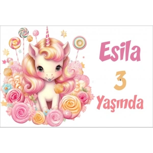 Pembe Unicorn Temalı Doğum Günü Afişi -5 50X70 cm