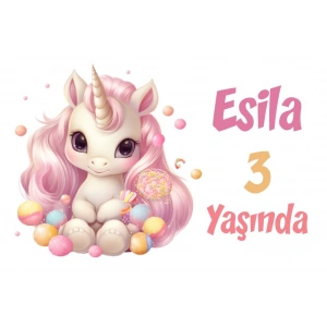 Pembe Unicorn Temalı Doğum Günü Afişi -6 100X150 cm