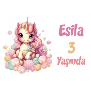 Pembe Unicorn Temalı Doğum Günü Afişi -7 50X70 cm