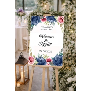 Mavi ve Pembe Güllü Düğün, Nişan ve Söz Karşılama Panosu – 50x70 cm