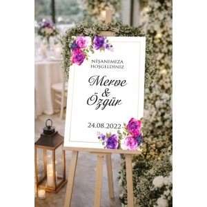 Pembe Çiçekli Düğün, Nişan ve Söz Karşılama Panosu – 50x70 cm