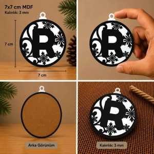 R Harf Yılbaşı Süsü – MDF Çam Ağacı Desenli Asılabilir Dekor (7x7 cm)