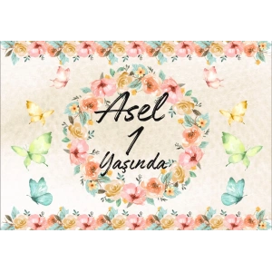 Çiçek ve Kelebekler Temalı Doğum Günü Afişi 50X70 cm