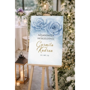 Mavi Güllü Düğün, Nişan ve Söz Karşılama Panosu – 50x70 cm