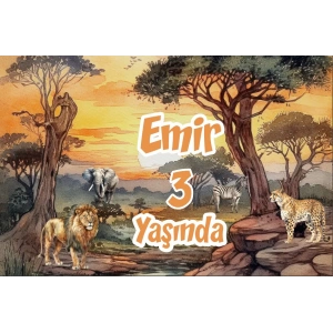 Safari Gün Batımı ve Hayvanlar Temalı Doğum Günü Afişi 35X50 cm