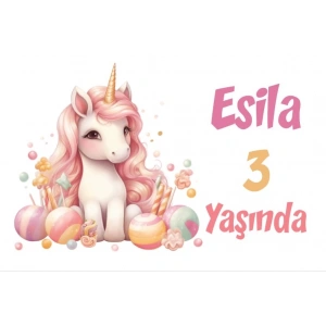 Pembe Unicorn Temalı Doğum Günü Afişi -8 70X100 cm