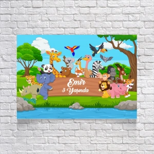 Safari Sevimli Hayvanlar Temalı Doğum Günü Afişi 100X150 cm