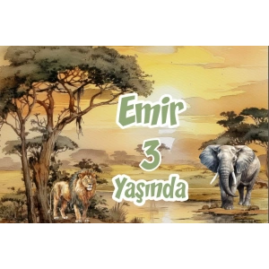 Safari Aslan ve Fil Temalı Doğum Günü Afişi 50X70 cm