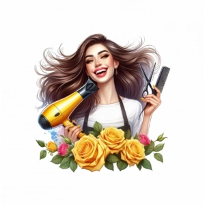 Sarı Güllü Makas ve Fön Tutan Kuaför Kız Duvar Stickerı