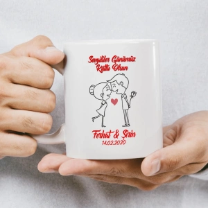 Sevgililer Günümüz Kutlu Olsun Kalp Tutan Çizgi Çift Kupası