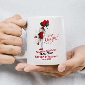 Sevgililer Günümüz Kutlu Olsun Öpüşen Çizgi Çift Kupası